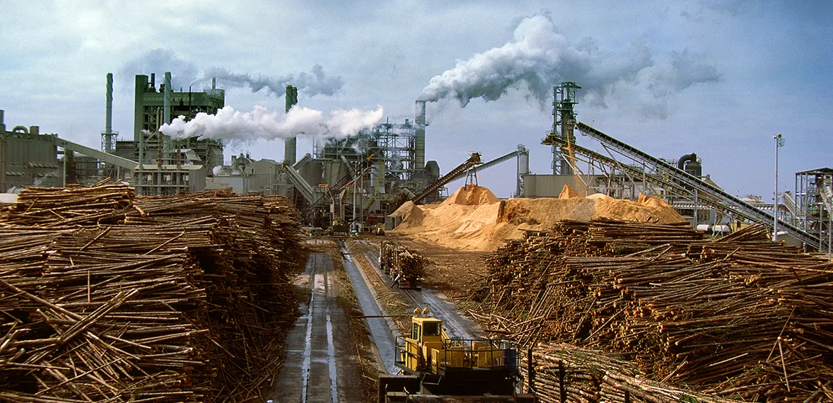 Log stacker on the rail between pulpwood piles at a paperboard mill, woodchip mounds and stack emissions behind
